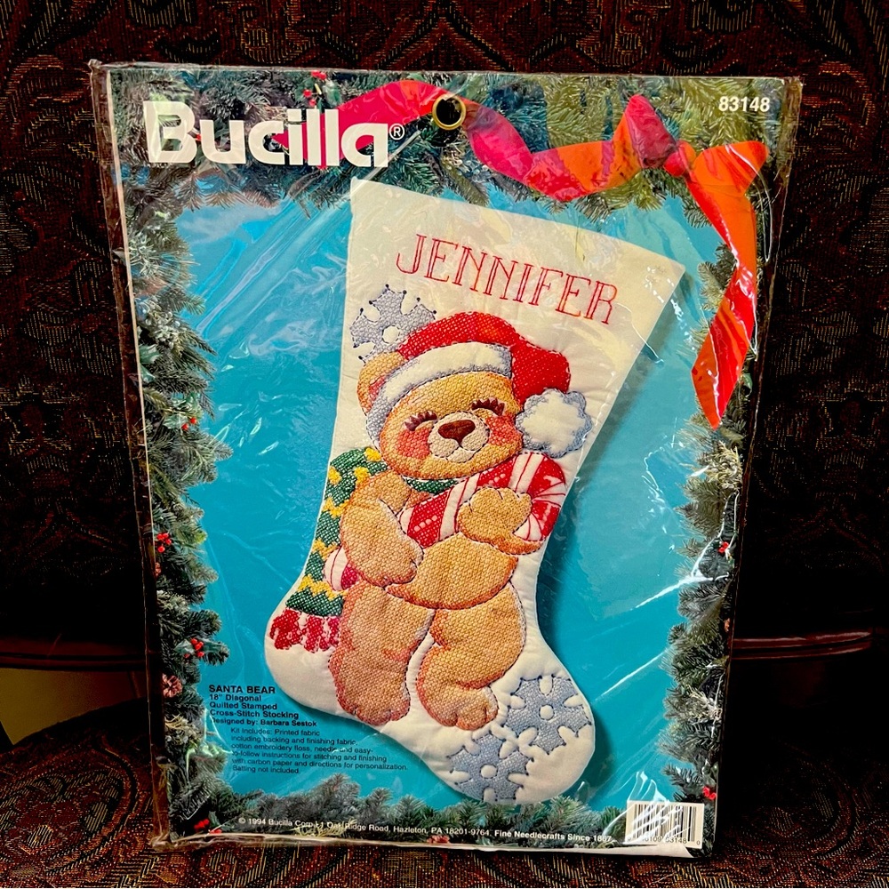 Sealed Vintage 1994 Bucilla Santa Bear Stocking Cross Stitch Kit 83148 Christmas